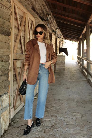 Kahve Üç Düğmeli Nubuk Blazer Ceket