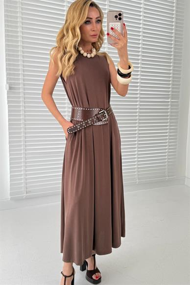 Kalın Askı Cepli Kahve Örme Kloş Elbise