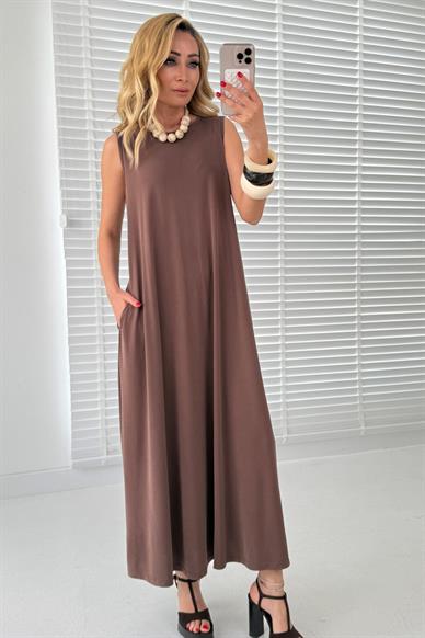 Kalın Askı Cepli Kahve Örme Kloş Elbise