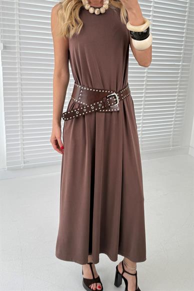 Kalın Askı Cepli Kahve Örme Kloş Elbise