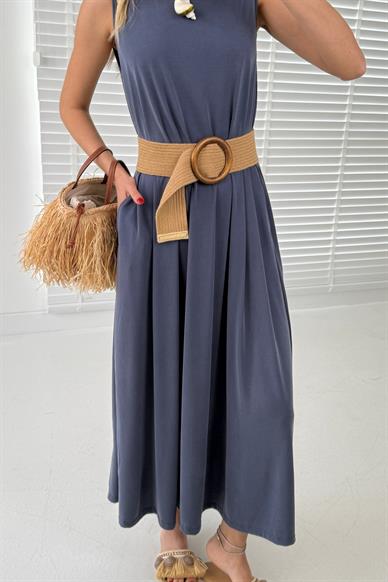 Kalın Askı Cepli Lacivert Örme Kloş Elbise