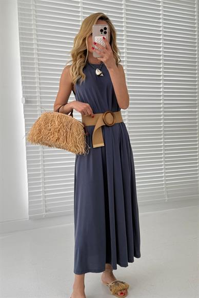 Kalın Askı Cepli Lacivert Örme Kloş Elbise