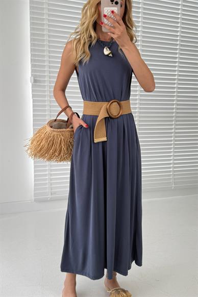 Kalın Askı Cepli Lacivert Örme Kloş Elbise