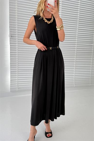 Kalın Askı Cepli Siyah Örme Kloş Elbise