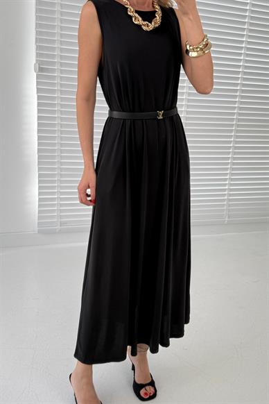 Kalın Askı Cepli Siyah Örme Kloş Elbise