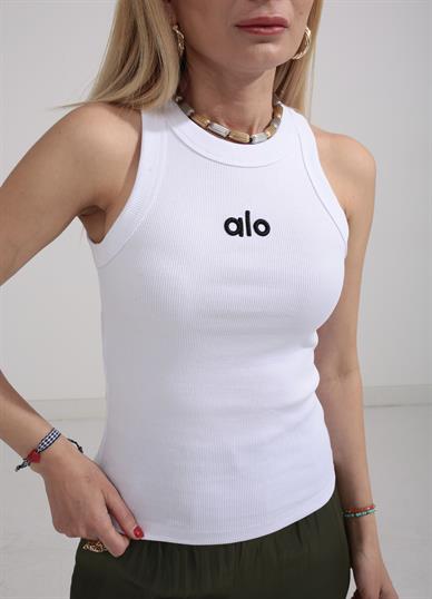 Kalın Biye Yazı Nakışlı Beyaz Fitilli Atlet