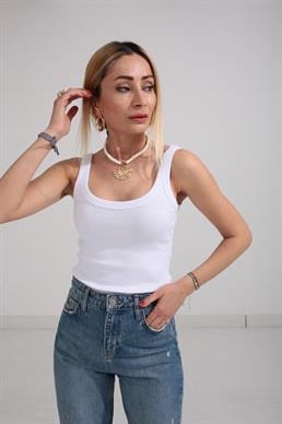 Kalın Biyeli Askılı Beyaz Fitilli Atlet