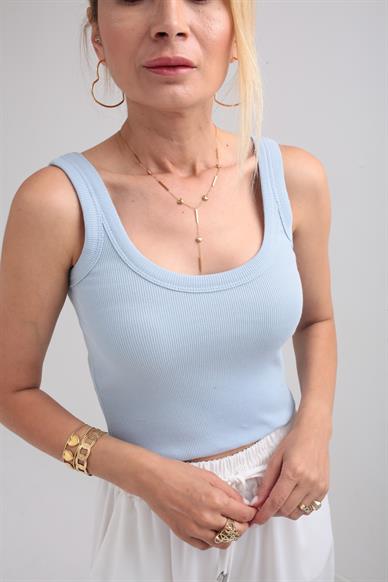 Kalın Biyeli Askılı Mavi Fitilli Atlet