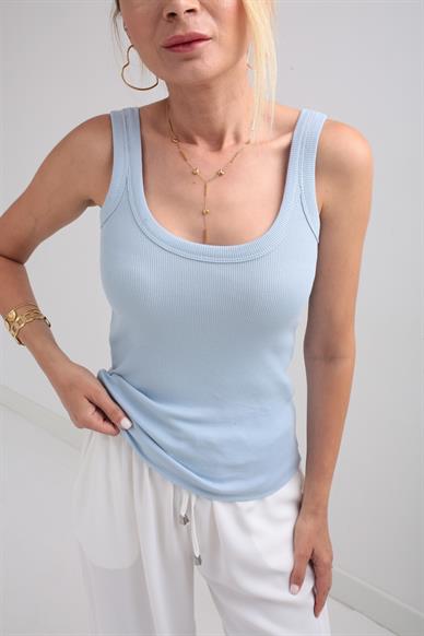 Kalın Biyeli Askılı Mavi Fitilli Atlet