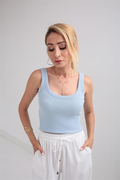 Kalın Biyeli Askılı Mavi Fitilli Atlet