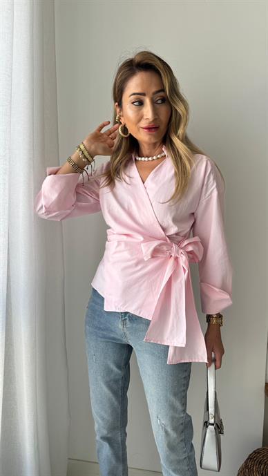 Kalın Manşet Yandan Bağlamalı Pembe Gömlek