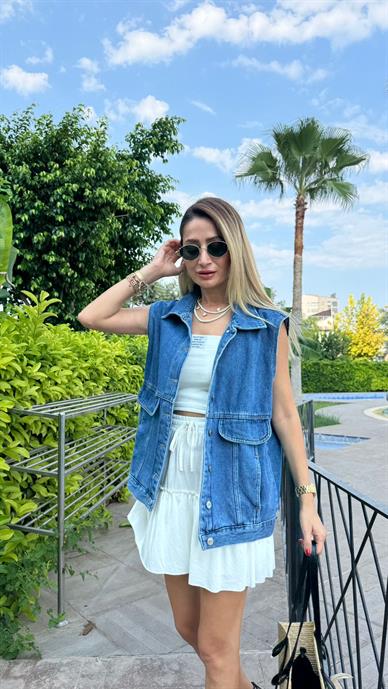 Kapak Cepli Kolsuz Oversize Denim Yelek