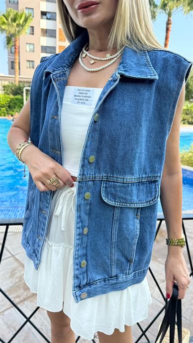 Kapak Cepli Kolsuz Oversize Denim Yelek