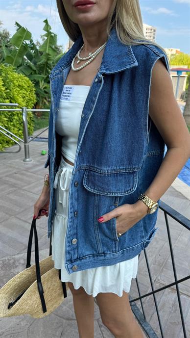 Kapak Cepli Kolsuz Oversize Denim Yelek