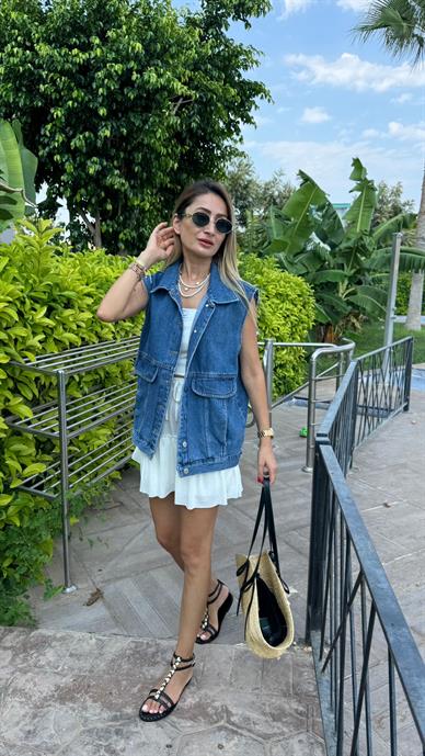Kapak Cepli Kolsuz Oversize Denim Yelek