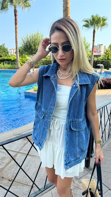 Kapak Cepli Kolsuz Oversize Denim Yelek