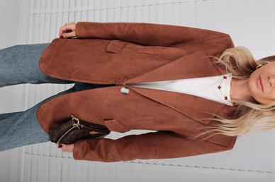 Kapak Cepli Taba Tek Düğme Süet Blazer Ceket