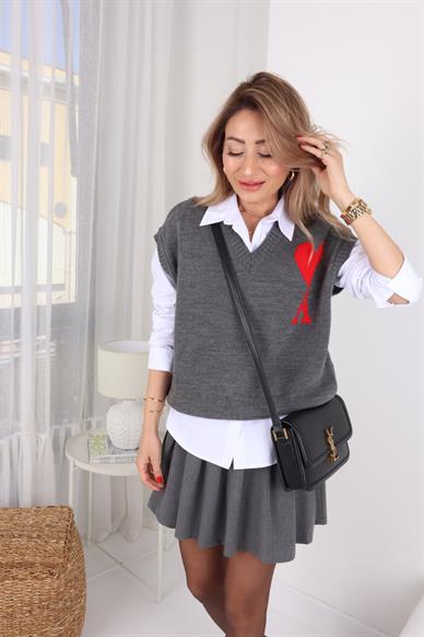 Kapalı Pileli Gri Mini Etek