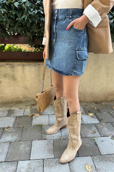 Kargo Cepli Kısa Denim Etek