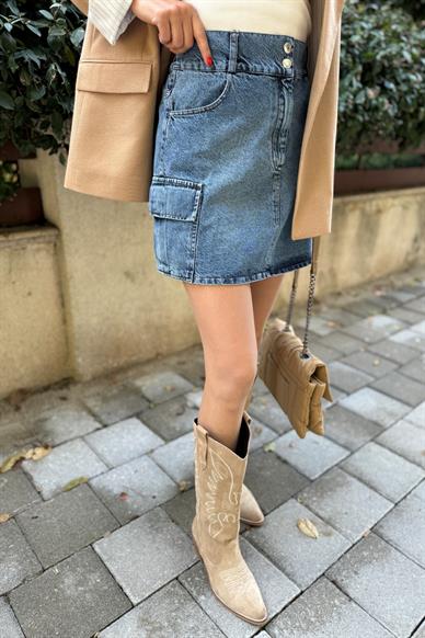 Kargo Cepli Kısa Denim Etek