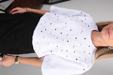 Karışık  Taş İşli Beyaz Basic Tshirt