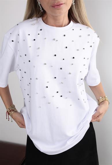 Karışık  Taş İşli Beyaz Basic Tshirt