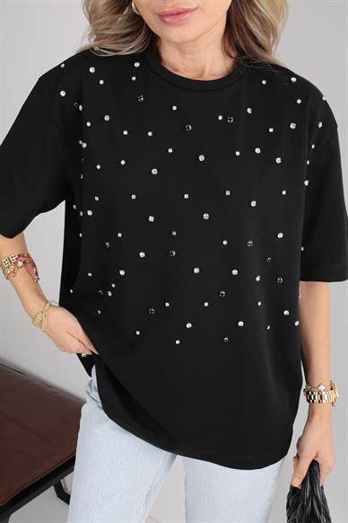 Karışık  Taş İşli Siyah Basic Tshirt