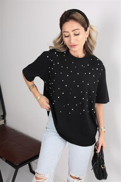 Karışık  Taş İşli Siyah Basic Tshirt