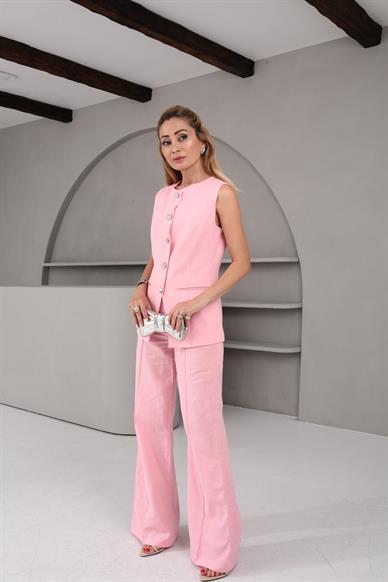 Karma Düğme Pembe Yelekli Keten Takım