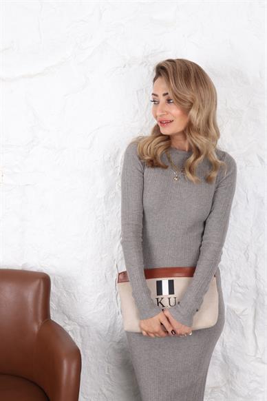 Kayık Yaka Gri Fitilli Triko Elbise