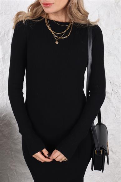 Kayık Yaka Siyah Fitilli Triko Elbise