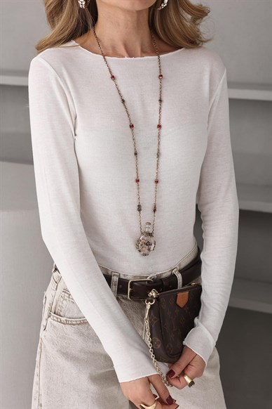 Kayık Yaka Transparan Ekru Bady Bluz