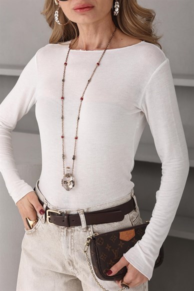 Kayık Yaka Transparan Ekru Bady Bluz