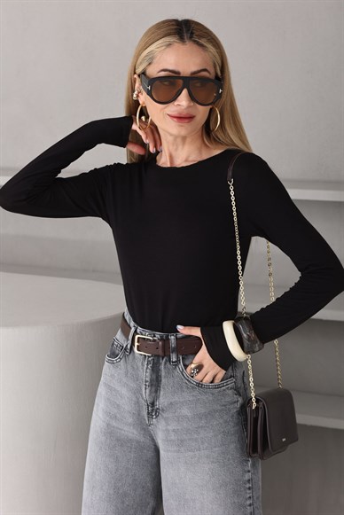 Kayık Yaka Transparan Siyah Bady Bluz