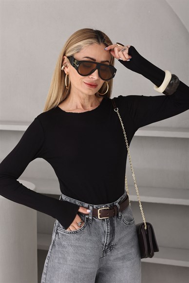 Kayık Yaka Transparan Siyah Bady Bluz