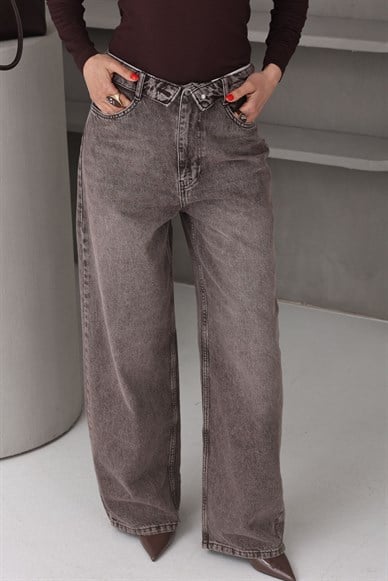 Kemer Detay Kahve Geniş Paça Jean(4545-16)