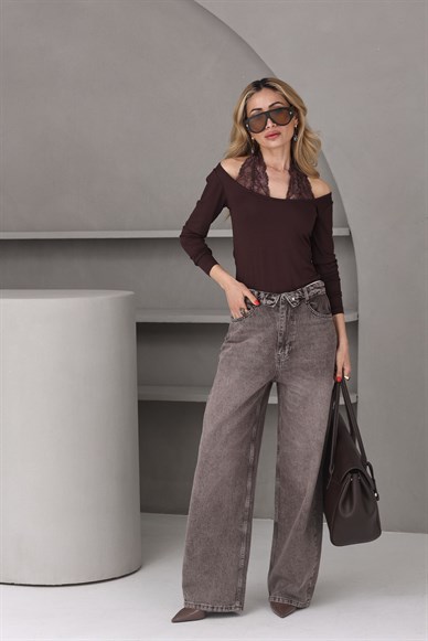 Kemer Detay Kahve Geniş Paça Jean(4545-16)