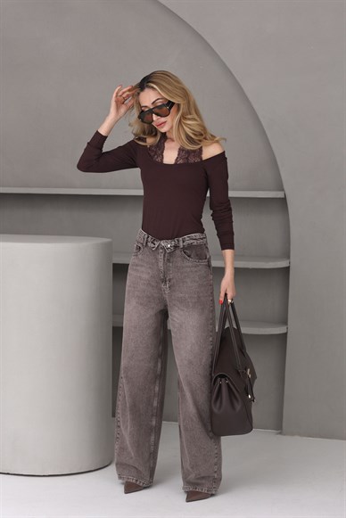 Kemer Detay Kahve Geniş Paça Jean(4545-16)