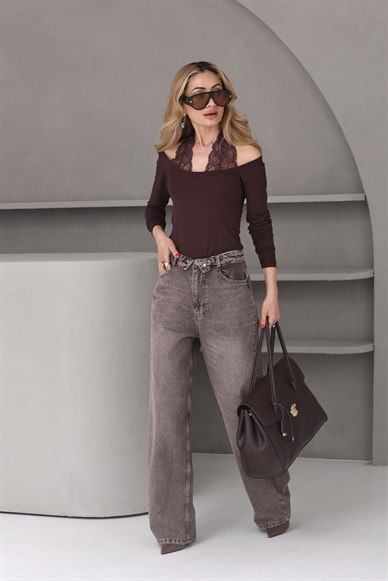 Kemer Detay Kahve Geniş Paça Jean(4545-16)