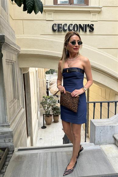 Kemer Detay Straplez Kısa İnce Kot Elbise
