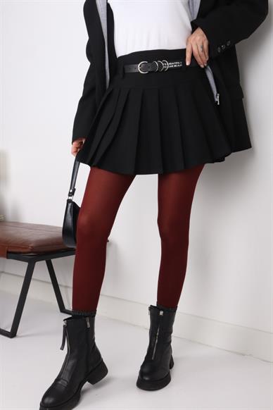 Kemer Detaylı Siyah Pileli Mini Etek