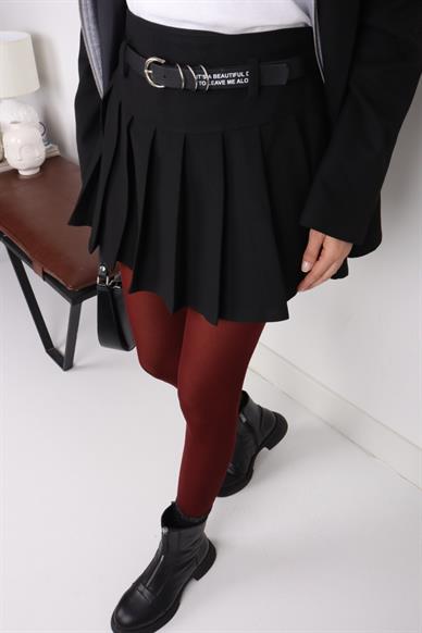 Kemer Detaylı Siyah Pileli Mini Etek