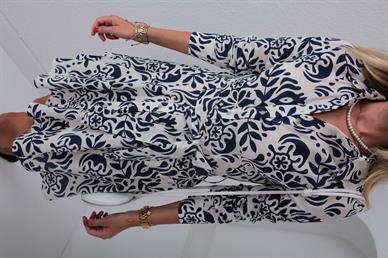 Kemerli Lacivert Desenli Kısa Elbise