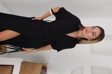 Kemerli Siyah Keten Gömlek Elbise