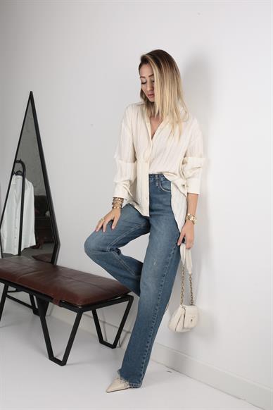 Kendinden Çizgi Desenli Bej Gömlek