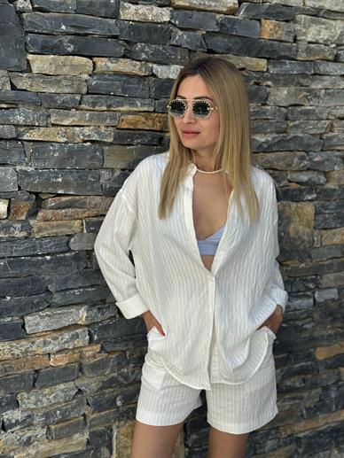 Kendinden Desenli  Ekru Şortlu Takım