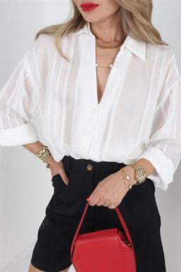 Kendinden Desenli Ekru Transparan Gömlek