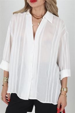 Kendinden Desenli Ekru Transparan Gömlek