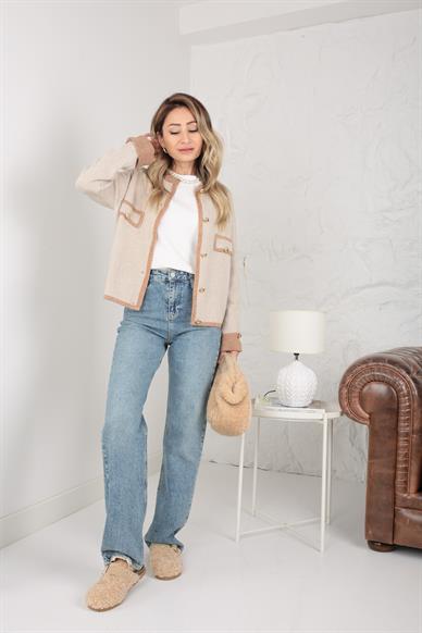 Kendinden Desenli Gold Düğmeli Hırka