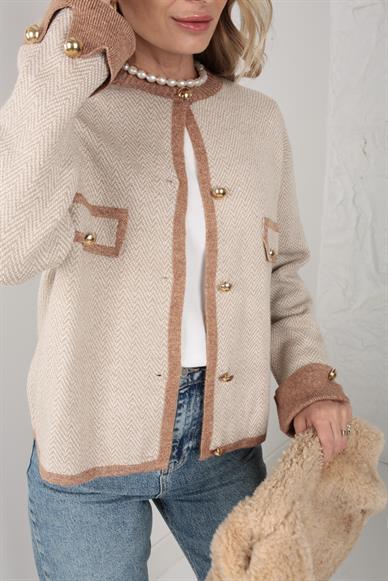 Kendinden Desenli Gold Düğmeli Hırka